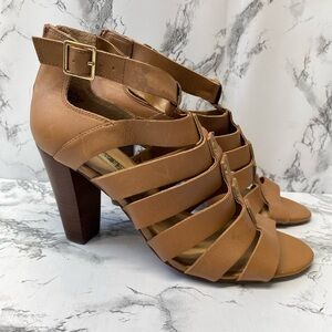 AUDREY BROOKE TAN BROWN GLADIATOR WOOD 3 INCH HEELS SIZE 7.5